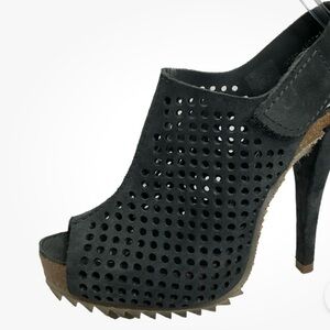 Pedro Garcia Black Suede Lasercut 
Velcro Strap Bootie Heels
Size 37 / 6.5 US